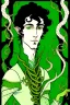 Placeholder: young half-Elf nobleman with green thumbs and 2 vine-like tentacles with black hair and green eyes and green thumbs with claws in the style of Aubrey Beardsley