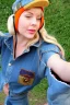 Placeholder: blonde taking selfie.thick thighs,thick calves,flat belly,curvy fell. Mantle is sewed of upcycled Denim and it is sewed together of camouflage pieces, whose color are all denim colors, orange, cream and purple. Big colored headphones (gold rings!) is merged with small felt cap with small visor. It is with big bright purple felt tippet and birght-colored-hood is merged with colorful beanie. Style: Haute Couture, 1980's Finland, N.Y.C fashion in 2023