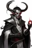 Placeholder: En Young male Pitch Black skin black hair tiefling Wizard with large horns glowing Silver and White symbols Everywhere on his body. He's wearing silver and White Rope and a silver cloak. His horn a perfectly place on acet from the front to the back pointing upwards with glowing Red cat Eyes. His close is elegant get simple his horns Are Same size.