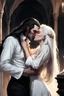 Placeholder: Remove his beard. Strahd Von Zarovich being kissed by a beautiful woman with white hair, wearing an off the shoulder dress. Settling and background are a lavish toomb with an ebony coffin. Remove his beard.