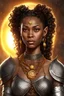 Placeholder: 38 years old black woman, elf, brown color eyes, brown small puffy curly ponytail, wears chainmail, necklase with a symbol of sun, no neckline
