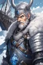 Placeholder: in anime style,1older man, a older man with blue eyes and black hair man in silver Viking armor with fur around the neck with blue crystal on his chest holding an axe in his hands standing on a pirate ship in the artic, warrior in anime style,