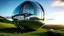 Placeholder: A gleaming spherical home stands on a grassy hill. The sphere is actually two interlocking orbs, whose seamless glass exteriors form a figure eight. Soft ambient lighting emanates from within, giving the structure an ethereal glow as dusk approaches. The lower sphere contains open, communal living spaces, while the upper sphere houses enclosed, private bedrooms. A spiral staircase connects the levels. Lush greenery surrounds the base, with colorful wildflowers dotting the landscape.