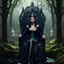 Placeholder: Morena Baccarin as a beautiful sexy dark elf queen seated elegantly on a throne in a mystical forest, dark celtic vignette frame, photo-realistic, cinematic lighting, award-winning photography