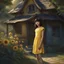 Placeholder: thin 12 year old girl with very short dark hair, blue eyes, wearing a pretty yellow summer dress, outside a small house , photorealistic, dark fantasy