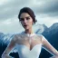 Placeholder: frozen winter rocky mountains cloudy sky, woman,delicate face, see trough dress, see through dress, sitting ,soft skin, soft and delicate lighting, ethereal, sharp focus.