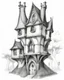 Placeholder: A pencil sketch front elevation line drawing of a tall, narrow, twisted, mediaeval fantasy house.