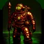 Placeholder: 90's TCG art retro scifi art of a steampunk diver with big armor