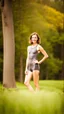 Placeholder: anorexic beautiful woman, age 21, total shot, short anthracite triathlon swimsuit, wavy bob haircut, brunette hair, blurred grass background