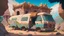 Placeholder: mordern camper van, near an ancient temple, 4 wheel of the van, anime style