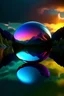 Placeholder: Abstract rendering of an iridescent glowing glass sphere with reflected an environment in which there is a lake with mountains