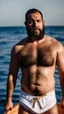 Placeholder: photography of a burly marocan fisherman sunbathing on a fisher wooden boat, in little french briefs, tattoo, manly chest, ugly, 34 years old, bullneck, white long beard, dreadlocks, muscular chubby, angry eyes, photorealistic, Canon EOS, 8k