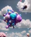 Placeholder: Ultra realistic clouds sky scene, wide angle, sweet childs falling down, inflatable color clothing, free jumping flying, many trinkets, monster hair, hair monster, many jelly beans, balls, smile, happy, circus style, extreme, wind, clouds sea, 20,000 feet altitude, stratosphere, soft color, highly detailed, unreal engine 5, ray tracing, RTX, lumen lighting, ultra detail, volumetric lighting, 3d, finely drawn, high definition, high resolution.