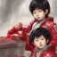 Placeholder: Distant Japanese child boy, black hair, sitting on floor with back to back, red akira jacket, extremely detailed, extremely realistic