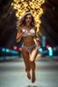 Placeholder: a modern city jewell lights , a beautiful fashion model lady with cute,curvy hair,makeup, in pretty lace bikini is running in street ,dynamic camera fallow her inside cave capturing full body, dynamic lights.