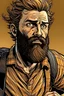 Placeholder: amercian style comic book, Dan strong male brown beard and hair is getting home after a chase, he the going to bed