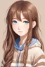 Placeholder: shy korean anime girl with long brown hair and blue eyes with a brown and creme striped hoodie with hearing aid