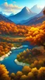 Placeholder: Sunrise over mountains, hills, trees, and river, in the autumn