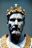 Placeholder: Ultra Realistic image, Roman sculpture, white marble material, Lionel Messi, gold Laurel leaves wreath, god crown, baroque ornaments, one gold star in heart, sun ornament, sun rays background, chisel style, waist up portrait, emperor style, epic, celestial, cinematic lighting, God light, god rays, 4k resolution, smooth details, ornate details, soft lighting, unreal engine 5, art station, substance 3d.