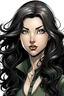 Placeholder: Female Caucasian, hazel green eyes, black long wavy hair,strong features marvel comic style