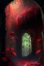 Placeholder: Abandoned Azetc steampunk dungeon room in overrun with vines and red flowers painterly fantasy rpg art