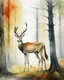 Placeholder: deer with antlers standing sideways, looking at viewer, realistic water color painted, among tall simplified tree trunks, foggy, pastels, colorful