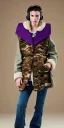 Placeholder: Image shows wholly a Brunette. average body type. Mantle is sewed of recycled Denim and sewed together of camouflage pieces. Camouflage colors are orange,terracotta, cream and purple. Cream latex gaiter. Big bright purple/khaki felt tippet and cream or blue or lilac colored-hood. mantle is merged with satchel. . AKG-style headphones (gold rings!) is merged with small felt cap with small visor. Style: Haute Couture in 1936, Paris fashion in 2023, inspired by street art.