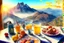 Placeholder: breakfast on a table on the terrace (orange juice, coffee in a cup, fruit, pastries), view of the mountains in the distance, Jean-Baptiste Monge style, surreal, a masterpiece, razor-sharp focus, dynamic lighting, watercolor and ink concept art extremely detailed psychedelic 8k beautiful high detail high definition colourful matte background Michelangelo Van Gogh colorful dramatic lighting fine art reflections whimsical National Geographic photography Alexander Archipenko Romantic Impressionism