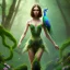 Placeholder: upper body of yohan diniz, fast walker, as a young cute feminine woman, short hair, green forest background, stream, mega flowers, tiny birds of many colors,peacock