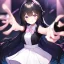 Placeholder: Clear focus,High resolution, Black long fluffy hair, and purple eyes, Teen, Sassy, black shirt, white collar pink bow, white short skirt, cute, smile, hands out, reaching out to you