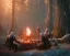 Placeholder: The Witcher, Geralt of Rivia, Jaskier the Bard, snowy forest scene, around a campfire, Jaskier playing his lute, monster lurking in background behind a tree, DSLR, panorama, complementary colours, splash of colour, hyperrealism, 8k resolution concept art, intricately detailed