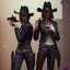 Placeholder: portraitfrom shoulders to head of a male and female gunslingers, badass, two guns, black fedora, dark red eyes, fanatsy, si-fi, photo realistic, ultra realistic, 8k