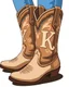 Placeholder: a pair of cowgirl boots with a large "K" in the pattern on the side of the closer boot. Vector illustration
