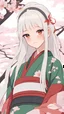 Placeholder: ((close up)) portrait of a beautiful young woman, 1girl, (dreamy big eyes), wearing red kimono, (long white hair), (green eyes), smirk, lips, in a park, under a cherry blossom tree, hair floating in the wind, sunlight, cinematic lighting, ((from below))