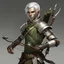 Placeholder: Please create an image for a young elven male with light brown skin, silver hair, and green eyes. He is carrying a crossbow and is accompanied by a metallic robot