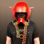 Placeholder: man, red rhino helmet, one man band, steampunk, midjourney style, neon