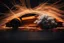 Placeholder: dark background. from the bottom right is a billowing white smoke spiraling from tires(off screen) into smaller strings across the composition, electricity, spray of orange metal sparks streaking across. energetic motion effect.
