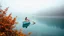 Placeholder: a latina woman rowing a small boat, which is gently floating on the turquoise water,Serene landscape photograph featuring a calm small clear moodylake surrounded by autumn foliage. The layout is horizontal, with vibrant autumn leaves in the image. heading towards a white gazebo situated on the lake's edge. The background is filled with mist, creating a dreamy atmosphere, and the distant trees are partially obscured by the fog. The overall scene exudes tranquility and natural beauty, with a har