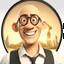 Placeholder: a portrait of smiling man. caricature. black rare hair. light brown skin. black eye pupils. circle eyeglasses, thin gold frame. round face shape. white shirt with black vest. pixar style. 3D. 4k. portrait. highly detailed. sharp focus. high resolution. full color. cinema lighting