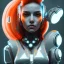 Placeholder: A beautiful portrait of a cute cyberpunk woman orange color scheme, high key lighting, volumetric light high details with white stripes