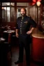 Placeholder: half figure shot photography of a 42 years old serious sicilian waiter in uniform, similar to Bud Spencer, shaved hair, muscular bearded strong chubby man with hands in the pockets, in an elegant empty restaurant, bulge, bullneck, manly chest, unshaved, short hair, photorealistic, dim light , side light, view from the ground