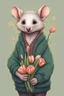 Placeholder: Green opossum wearing cardigan holding a bouquet of tulips cute art