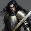 Placeholder: dnd character fantasy paladin knight, weathered plate armour, guilded effects, long black hair, gloomy expression, masculine facial features, pale perfect face, serious moody eyes, drawn full portrait in the style of Nobuyoshi Araki