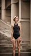 Placeholder: beautiful anorexic woman, total shot, short shiny black triathlon swimsuit, short blond wavy bob hair, blurred concrete background