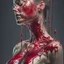 Placeholder: Realistic anatomical woman, made of glass, shattering, smiling, dripping blood, 8k, macro photography