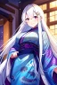 Placeholder: girl, masterpiece, best quality, cinematic lighting, detailed outfit, vibrant colors, perfect eyes, white hair, purple eyes, long hair, dragon pattern kimono, indoors, light rays, hairclip, smile,