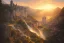 Placeholder: beautiful waterfall between lush mountains in the sunset casting rays of light into medieval city below, highly detailed, baroque, brutalist architecture, sharp focus, artgerm, cgsociety, desaturated by syd mead