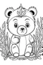 Placeholder: cute coloring page, sketch style, cute baby bearin the wood, cute cartoon, white and black, withe background, no shadows, outline.