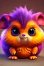 Placeholder: small creature, rounded body with short legs and a fluffy tail.fur is soft and velvety. patches on its belly.pink, orange, and purple, eyes are large,