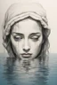 Placeholder: Artwork of t-shirt, Wide angle, half of face on water surface of a woman eyes are full of tears in swimming pool. Broken heart, sadness, down deep